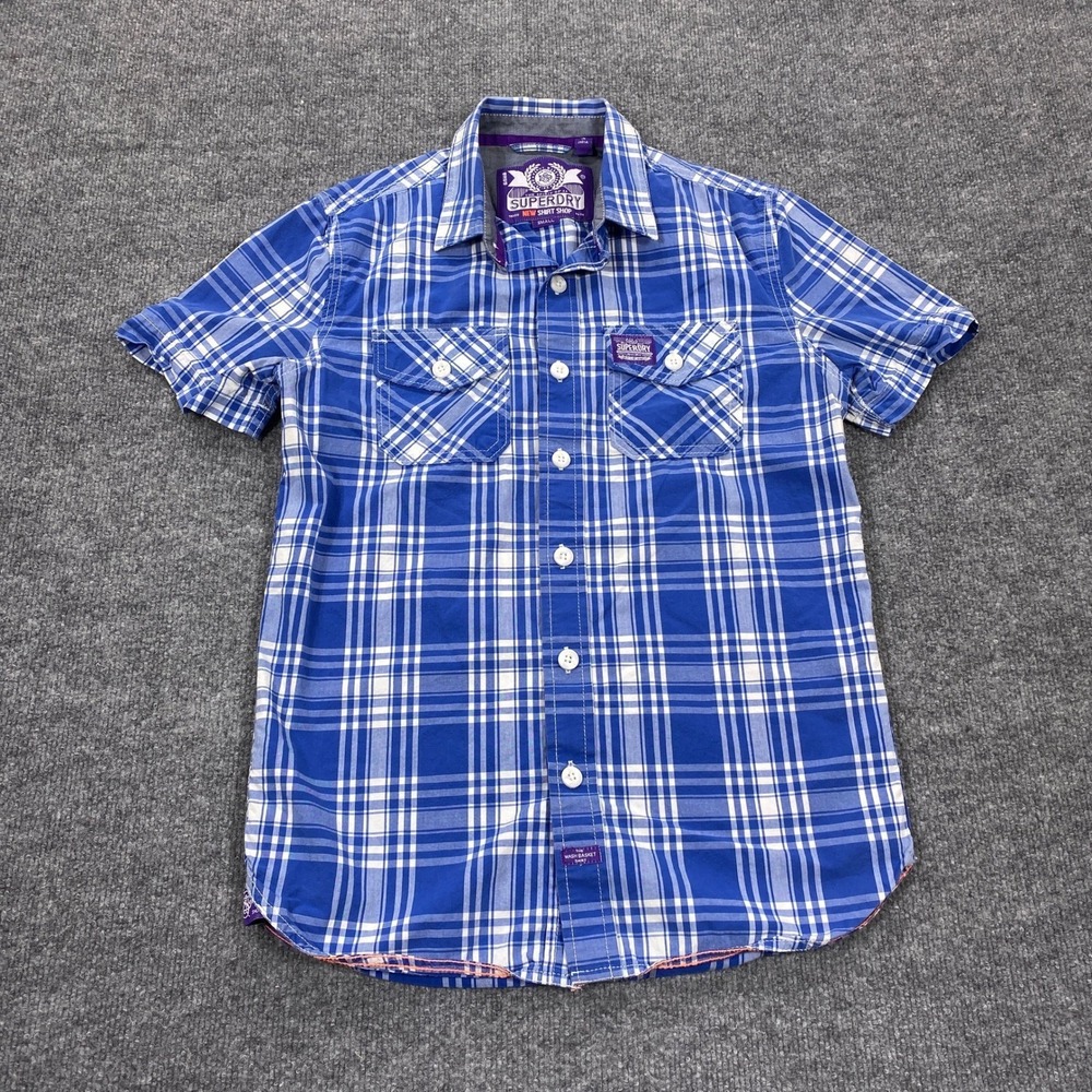 Superdry Button Down Shirt Mens Small Blue White Plaid Short Sleeve